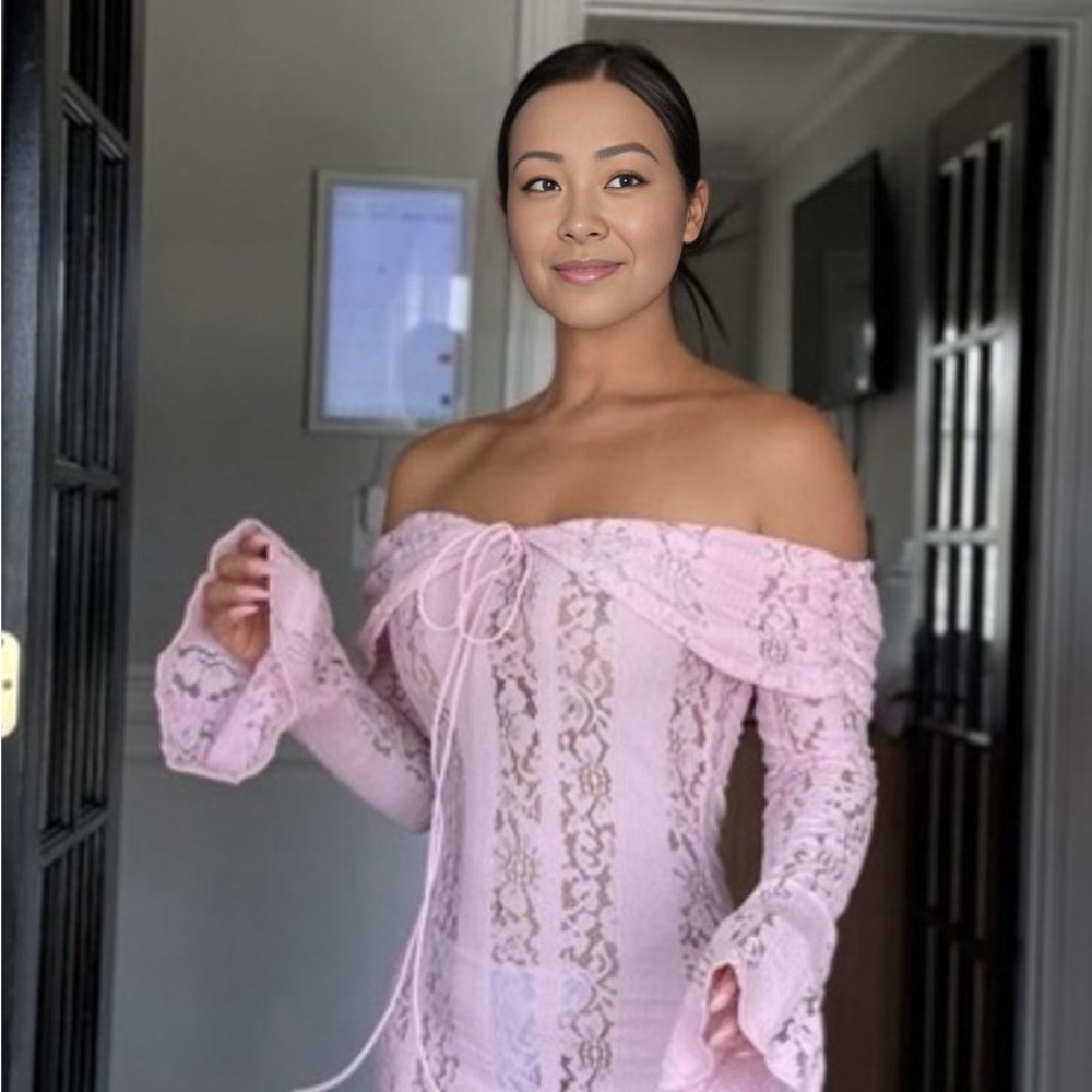 Elegant Pink Off-Shoulder Lace Dress